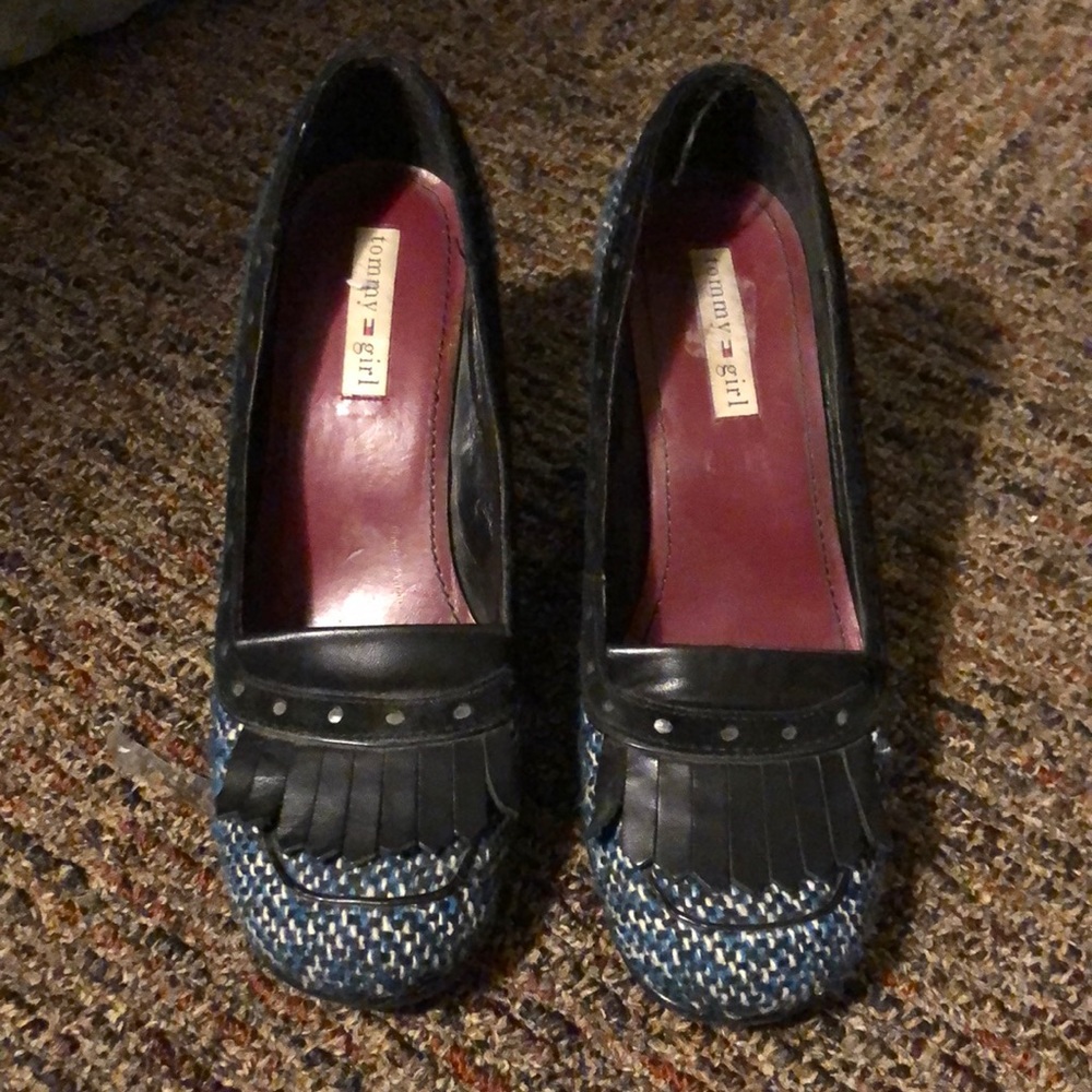 Tweed and suede loafer pumps